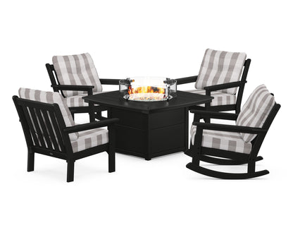POLYWOOD® Vineyard 5-Piece Deep Seating Rocking Chair Conversation Set with Fire Pit Table in Black / Buffalo Plaid Grey Mist