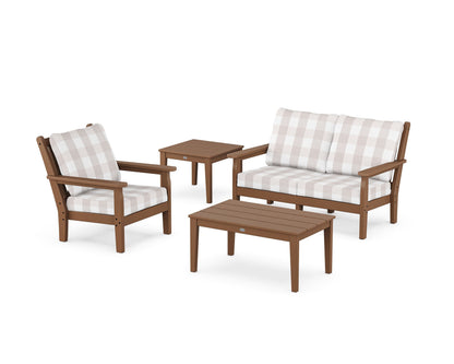 POLYWOOD® Chippendale 4-Piece Deep Seating Set in Teak / Buffalo Plaid Dune Burlap