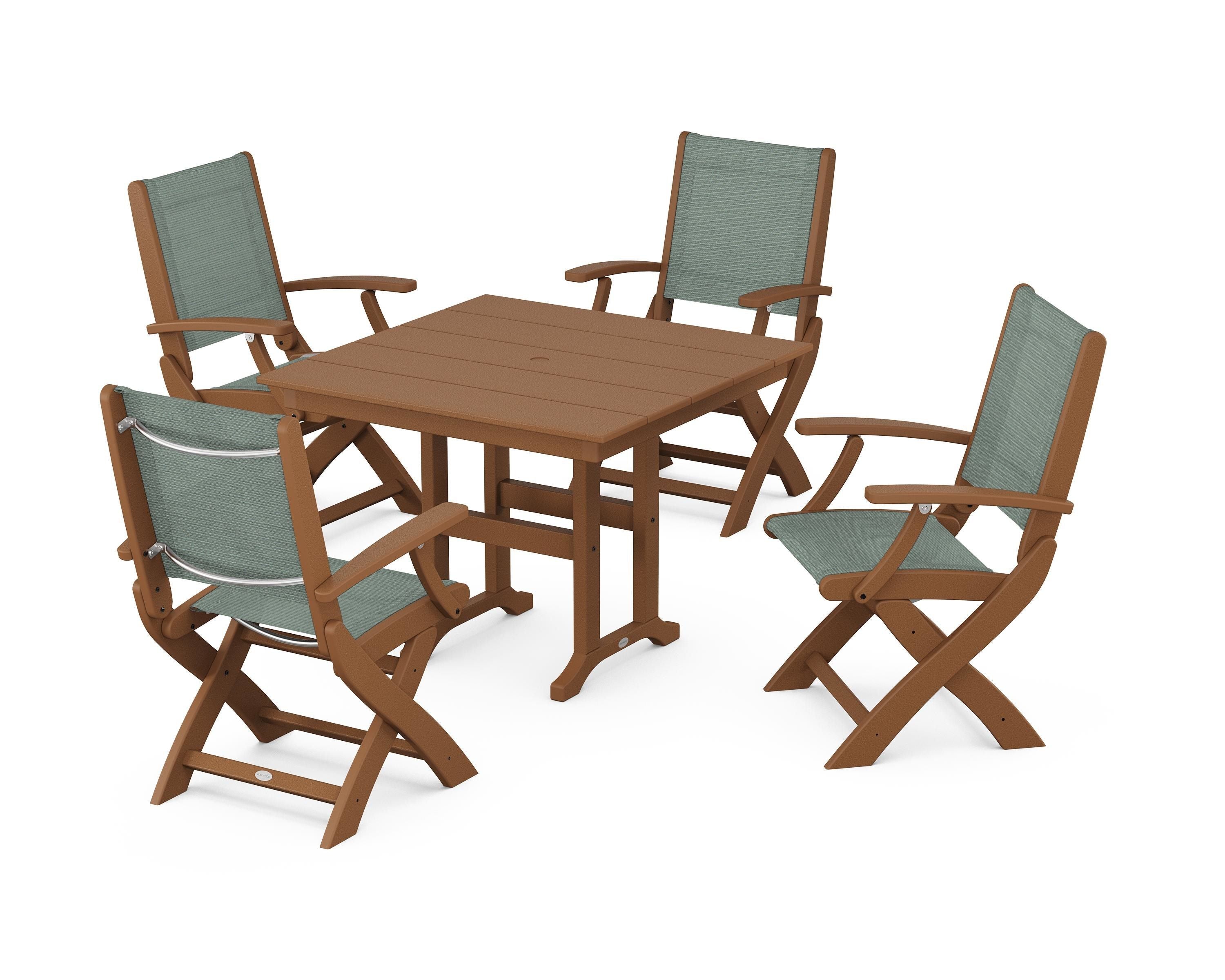 POLYWOOD® Coastal Folding Chair 5-Piece Farmhouse Dining Set in Teak / Dupioni Sea Mist Sling