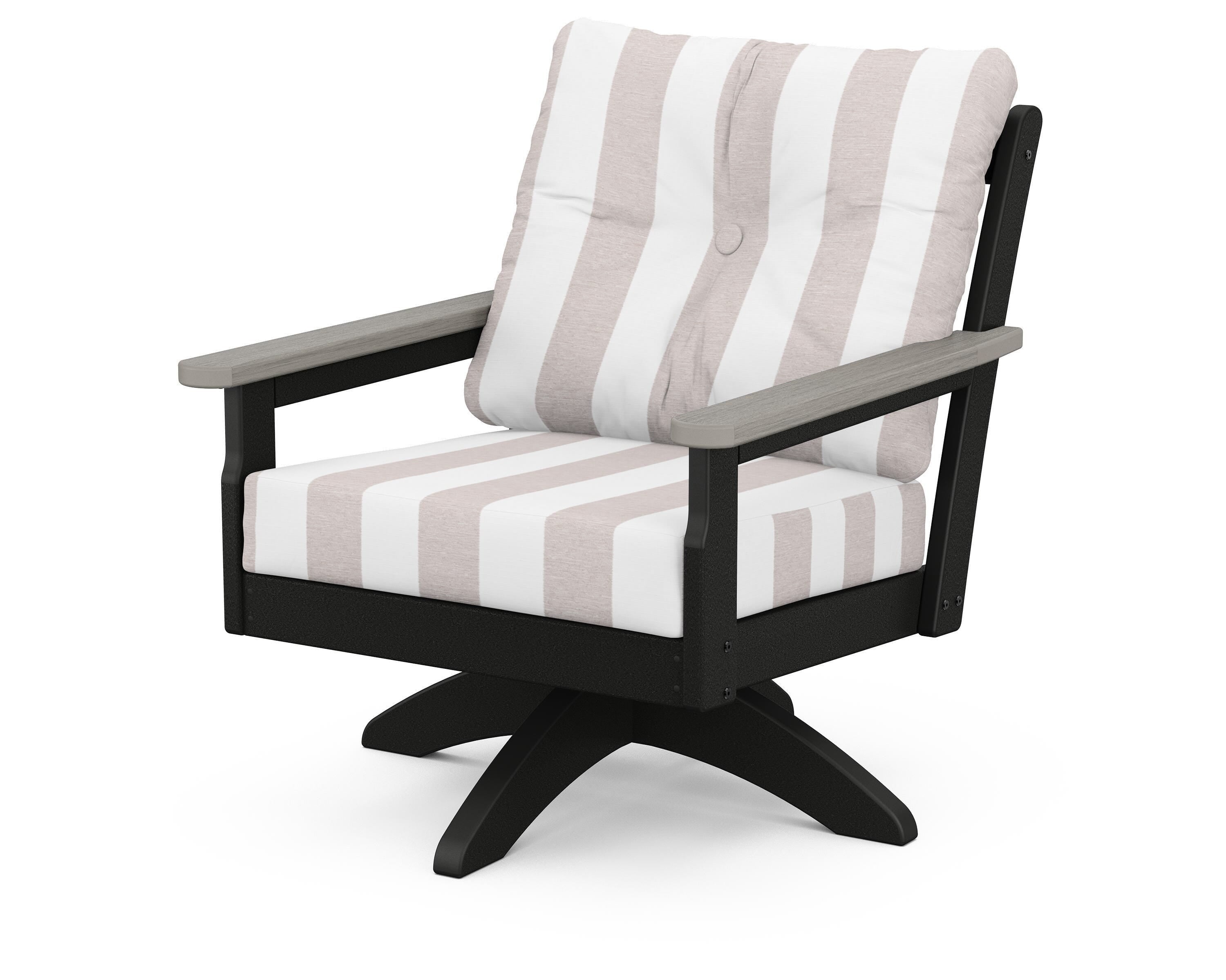 POLYWOOD® Vineyard Deep Seating Swivel Chair in Black / Driftwood / Cabana Stripe Dune Burlap