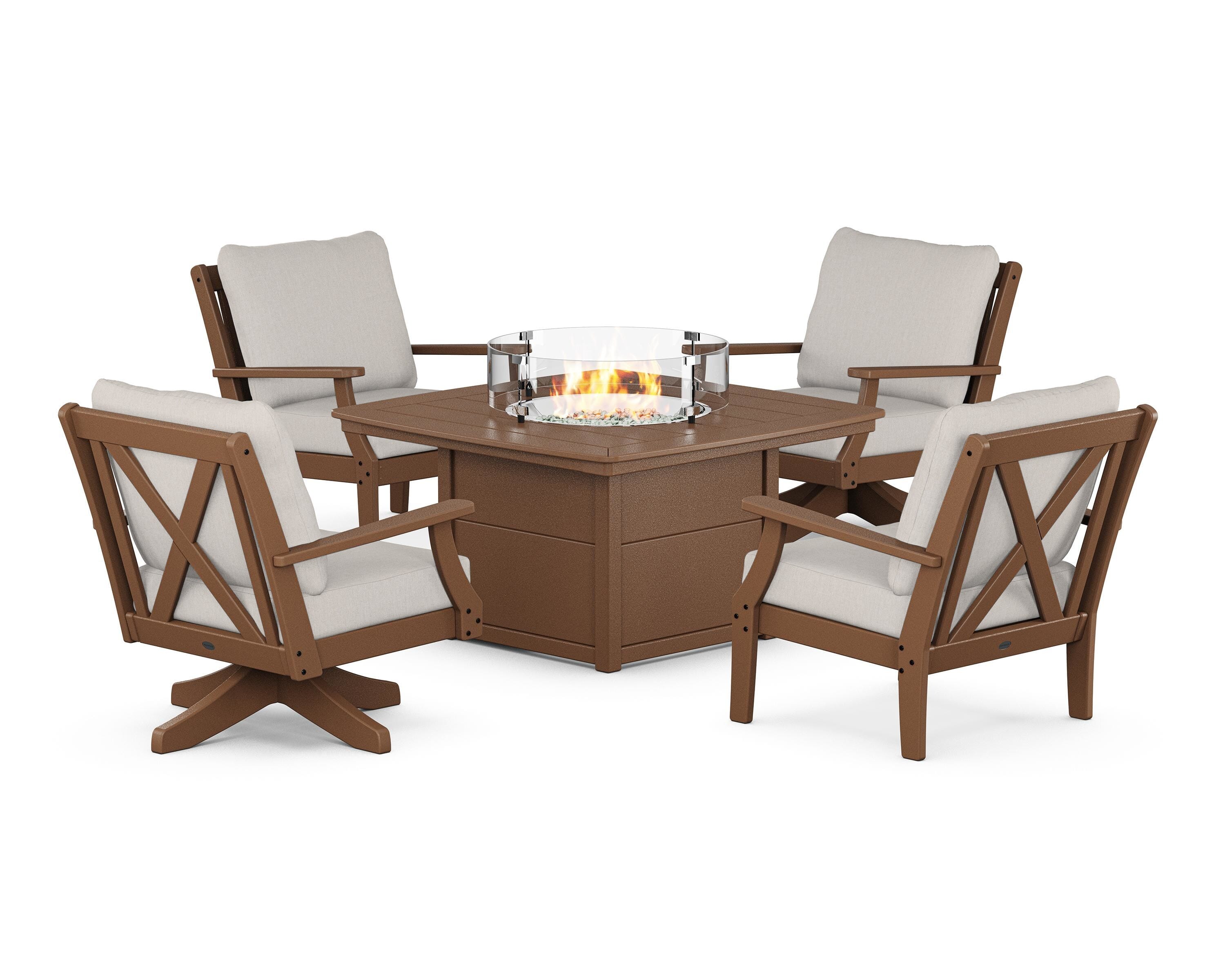 POLYWOOD® Braxton 5-Piece Deep Seating Set with Fire Table in Teak / Cast Ash
