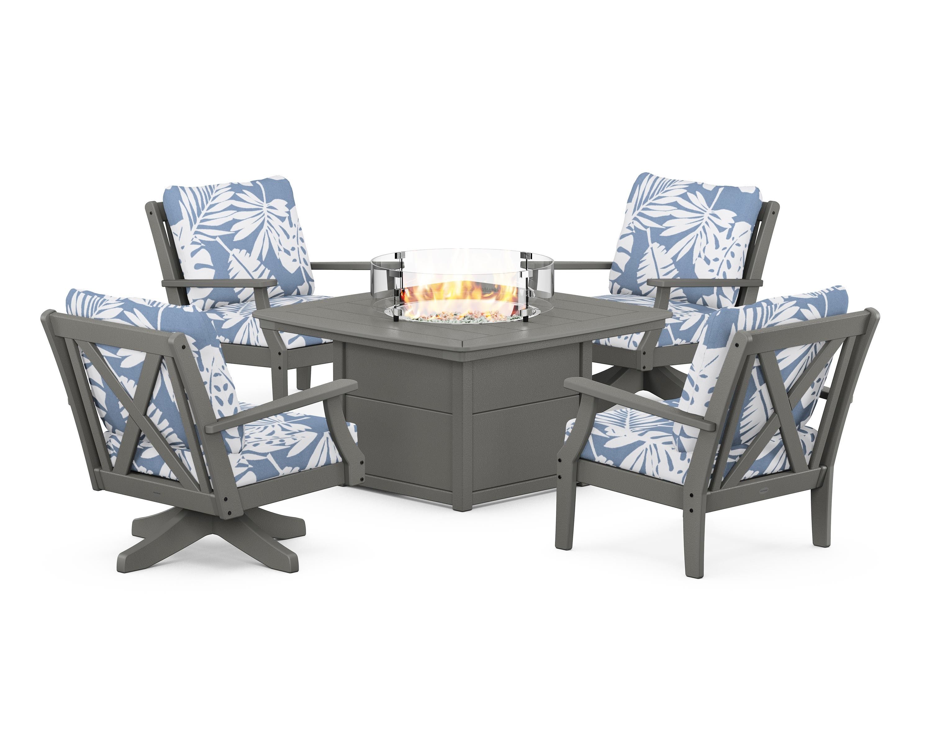 POLYWOOD® Braxton 5-Piece Deep Seating Set with Fire Table in Slate Grey / Leaf Sky Blue