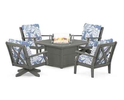 POLYWOOD® Braxton 5-Piece Deep Seating Set with Fire Table in Slate Grey / Leaf Sky Blue
