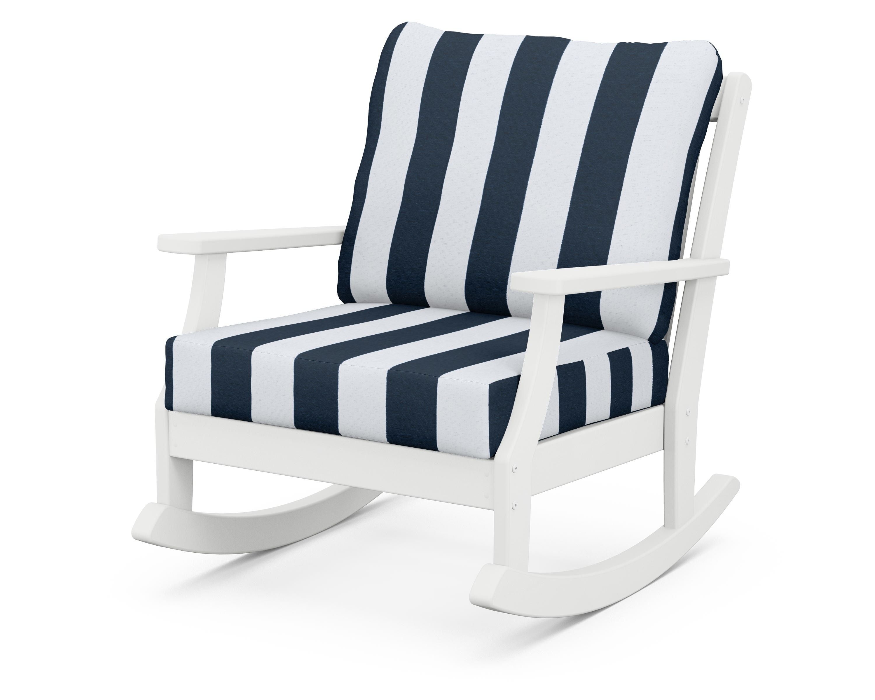 POLYWOOD® Braxton Deep Seating Rocking Chair in White / Cabana Stripe Marine Indigo