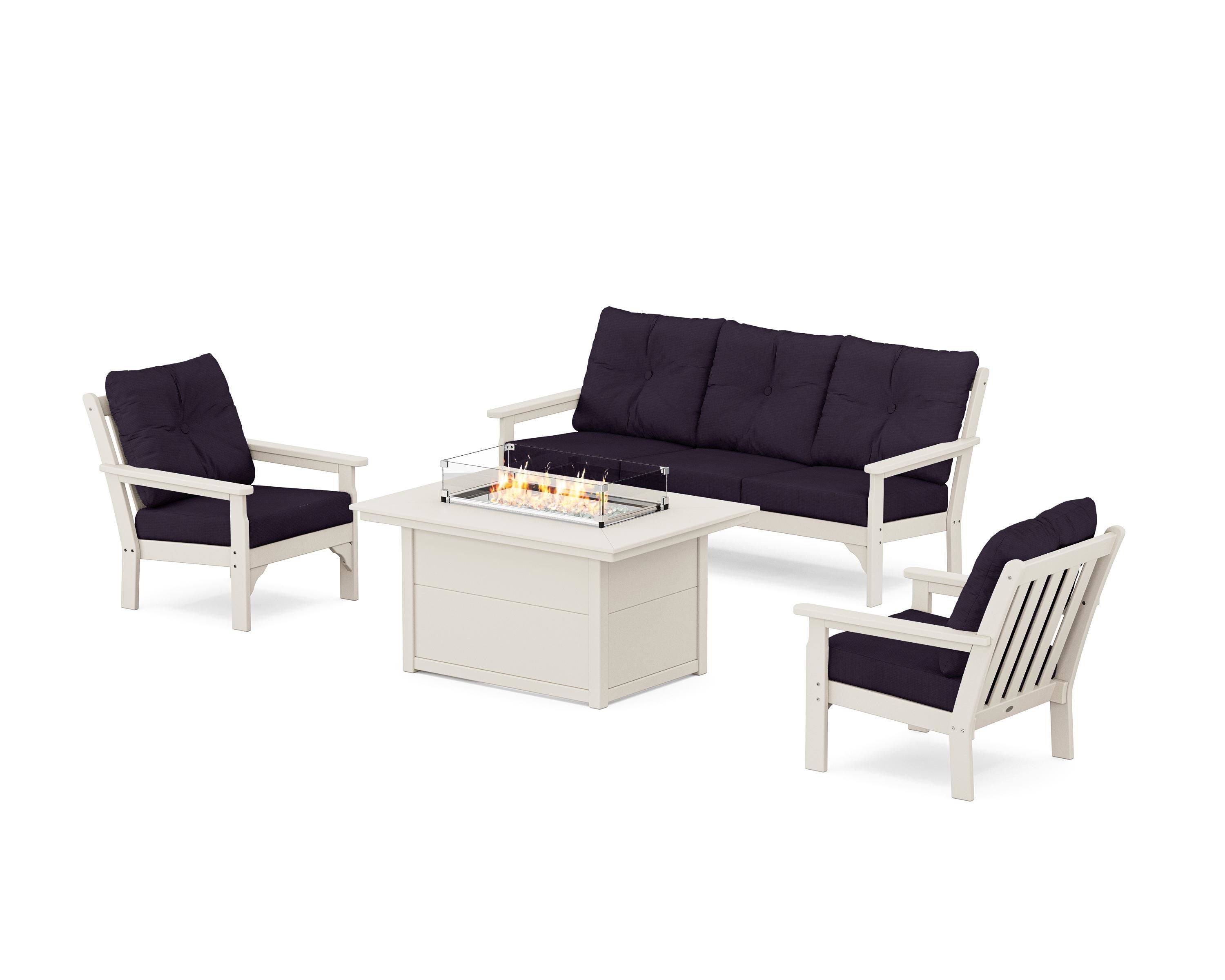 POLYWOOD® Vineyard Deep Seating Fire Pit Table Set in Sand / Navy Linen