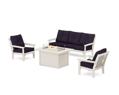 POLYWOOD® Vineyard Deep Seating Fire Pit Table Set in Sand / Navy Linen