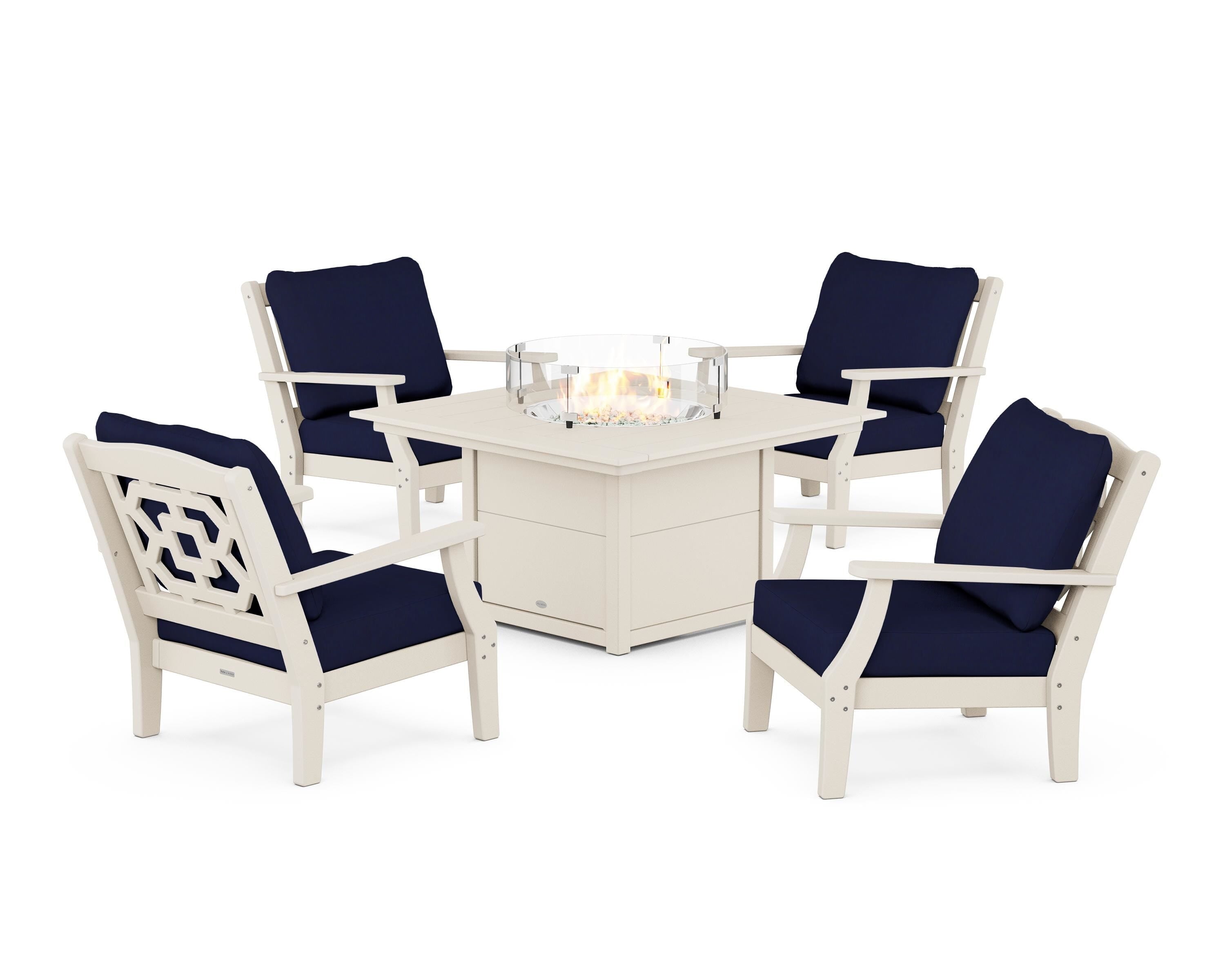 Martha Stewart by POLYWOOD® Chinoiserie 5-Piece Deep Seating Set with Fire Pit Table in Sand / Navy