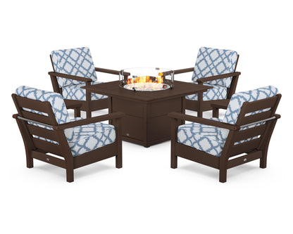 POLYWOOD® Harbour 5-Piece Conversation Set with Fire Pit Table in Mahogany / Trellis Sky Blue