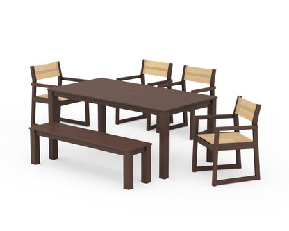 POLYWOOD® EDGE Sling Arm Chair 6-Piece Parsons Dining Set with Bench in Mahogany / Dupioni Apricot Sling