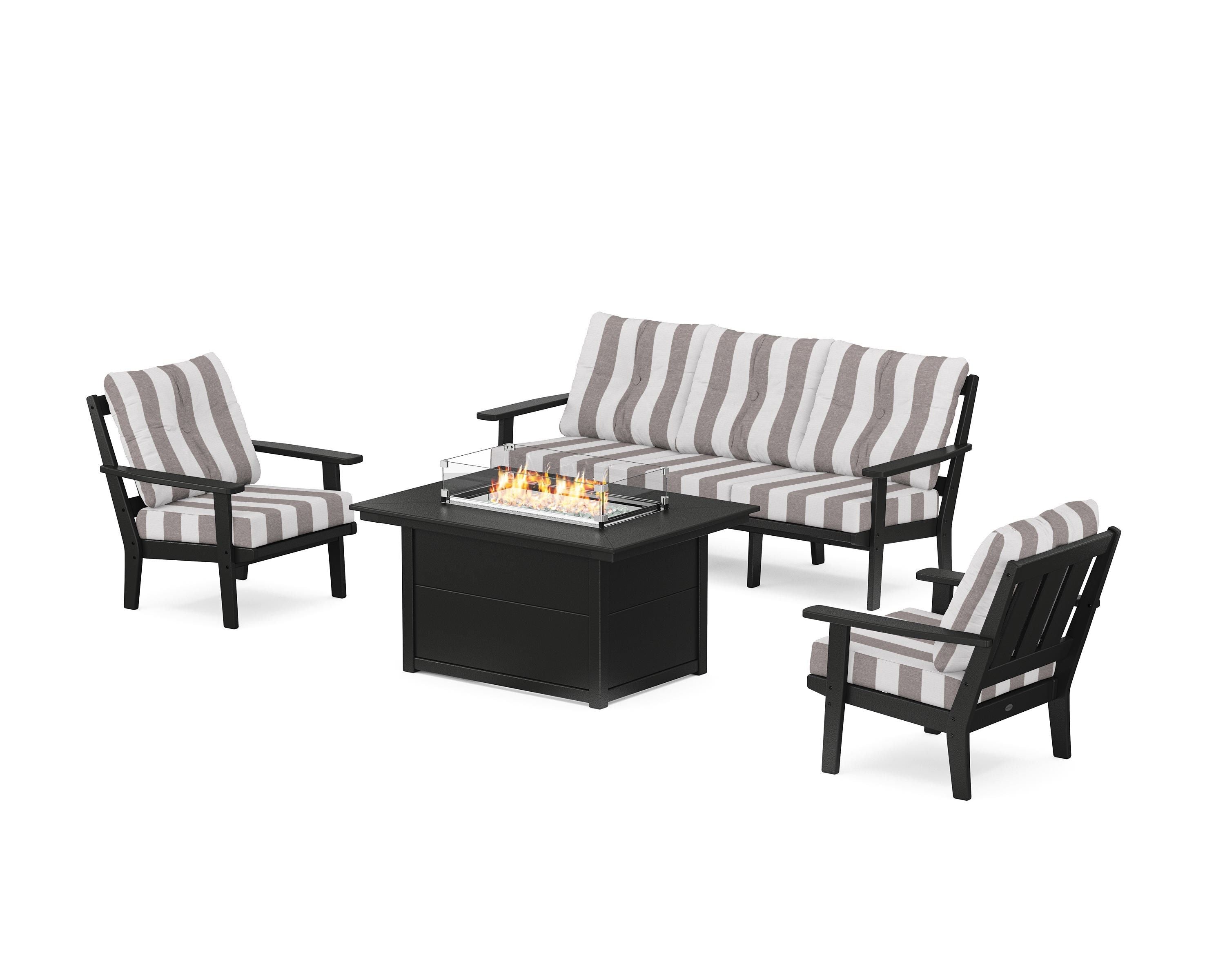 POLYWOOD® Oxford Deep Seating Fire Pit Table Set in Black / Cabana Stripe Grey Mist