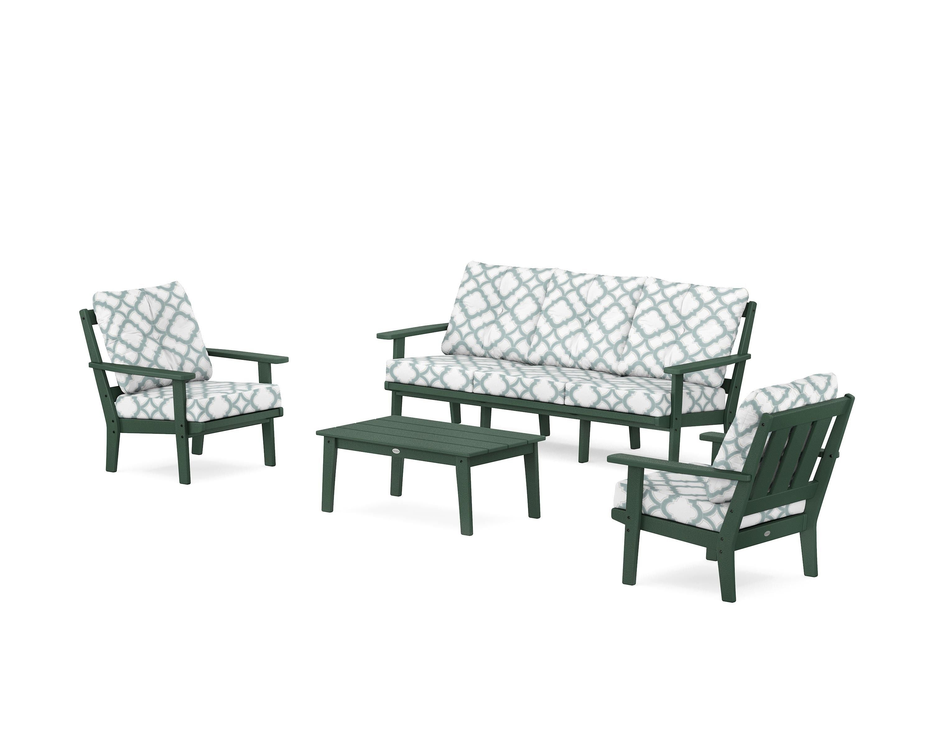 POLYWOOD® Oxford 4-Piece Deep Seating Set with Sofa in Green / Trellis Glacier Spa