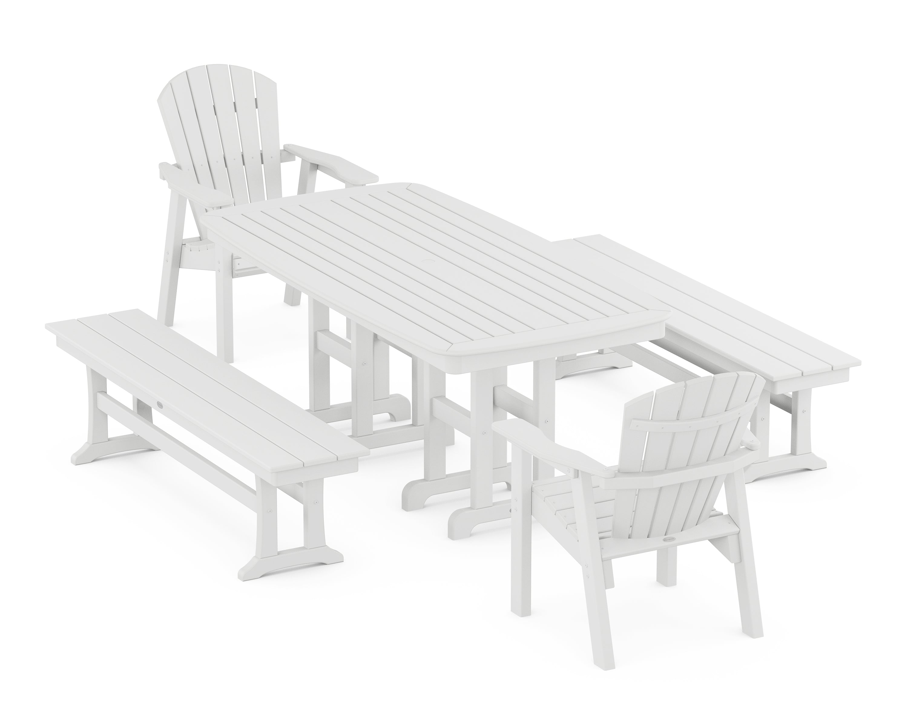 POLYWOOD® Seashell 5-Piece Dining Set with Benches in White