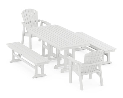 POLYWOOD® Seashell 5-Piece Dining Set with Benches in White
