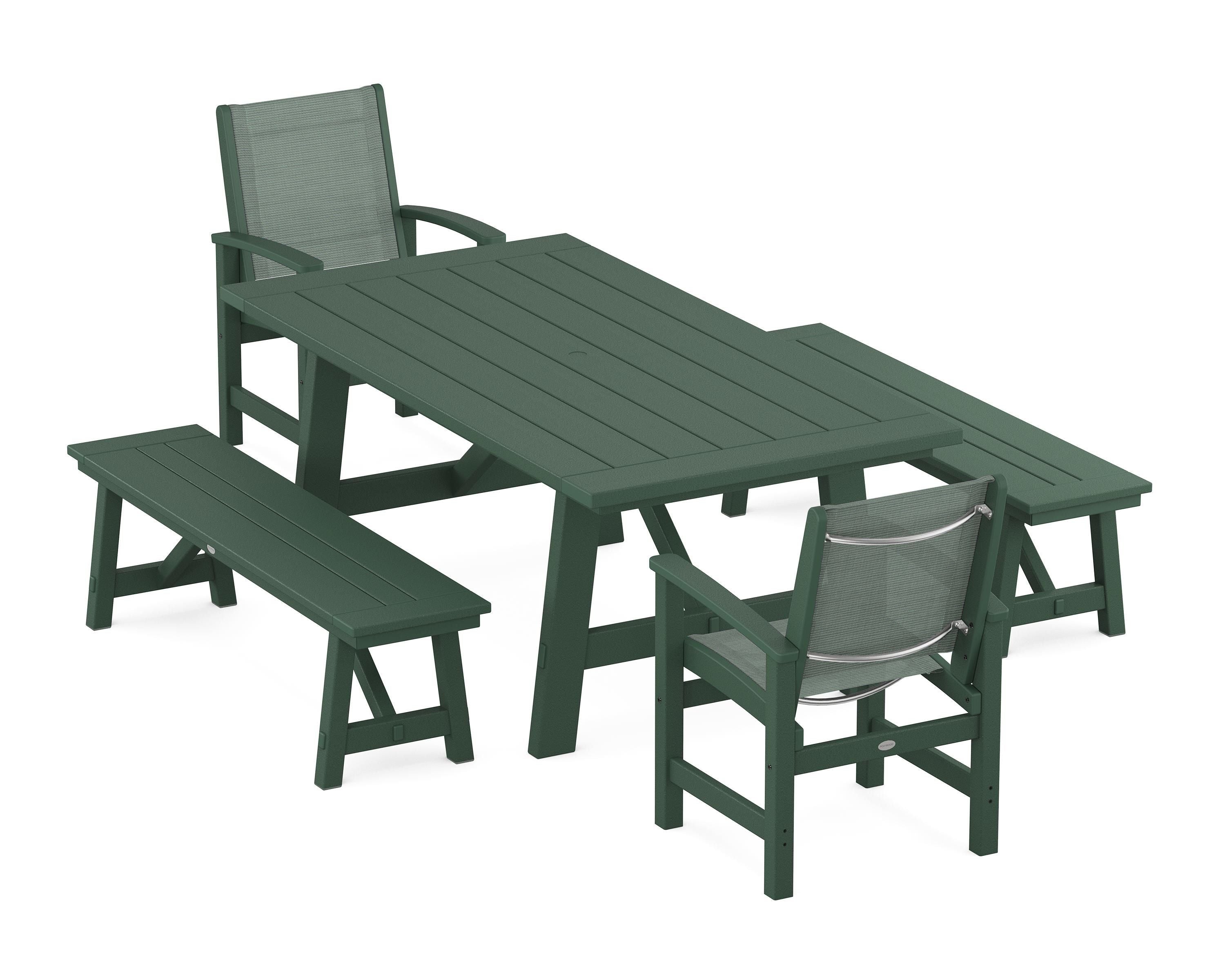 POLYWOOD® Coastal 5-Piece Rustic Farmhouse Dining Set With Benches in Green / Dupioni Sea Mist Sling