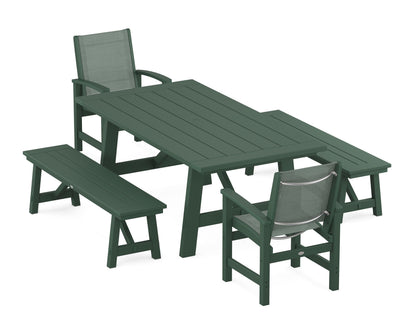 POLYWOOD® Coastal 5-Piece Rustic Farmhouse Dining Set With Benches in Green / Dupioni Sea Mist Sling