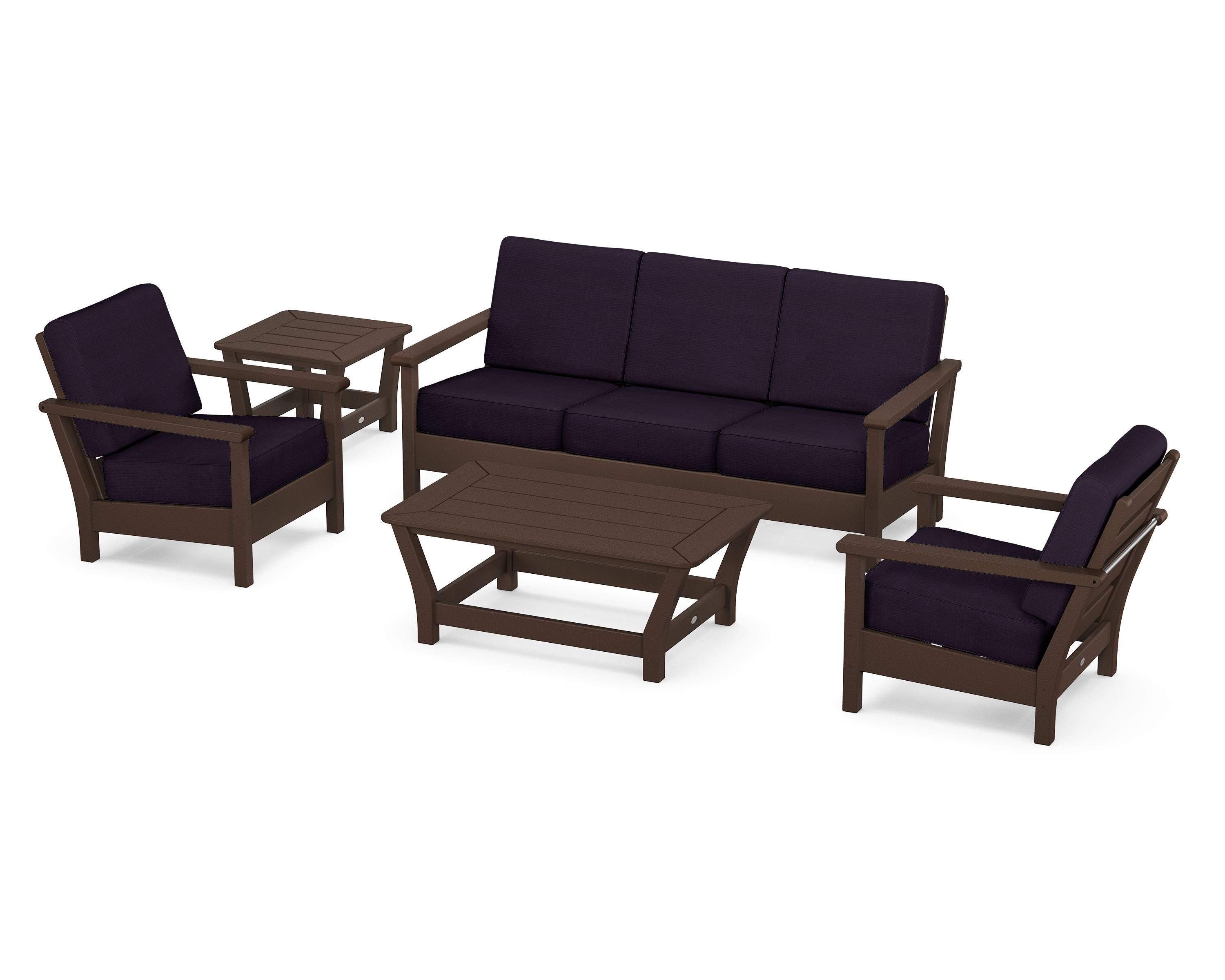 POLYWOOD® Harbour 5-Piece Deep Seating Set in Mahogany / Navy Linen