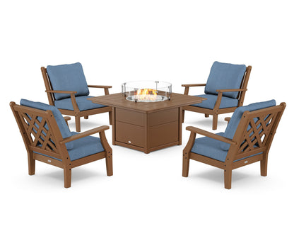Country Living Wovendale 5-Piece Deep Seating Set with Fire Pit Table in Teak / Sky Blue