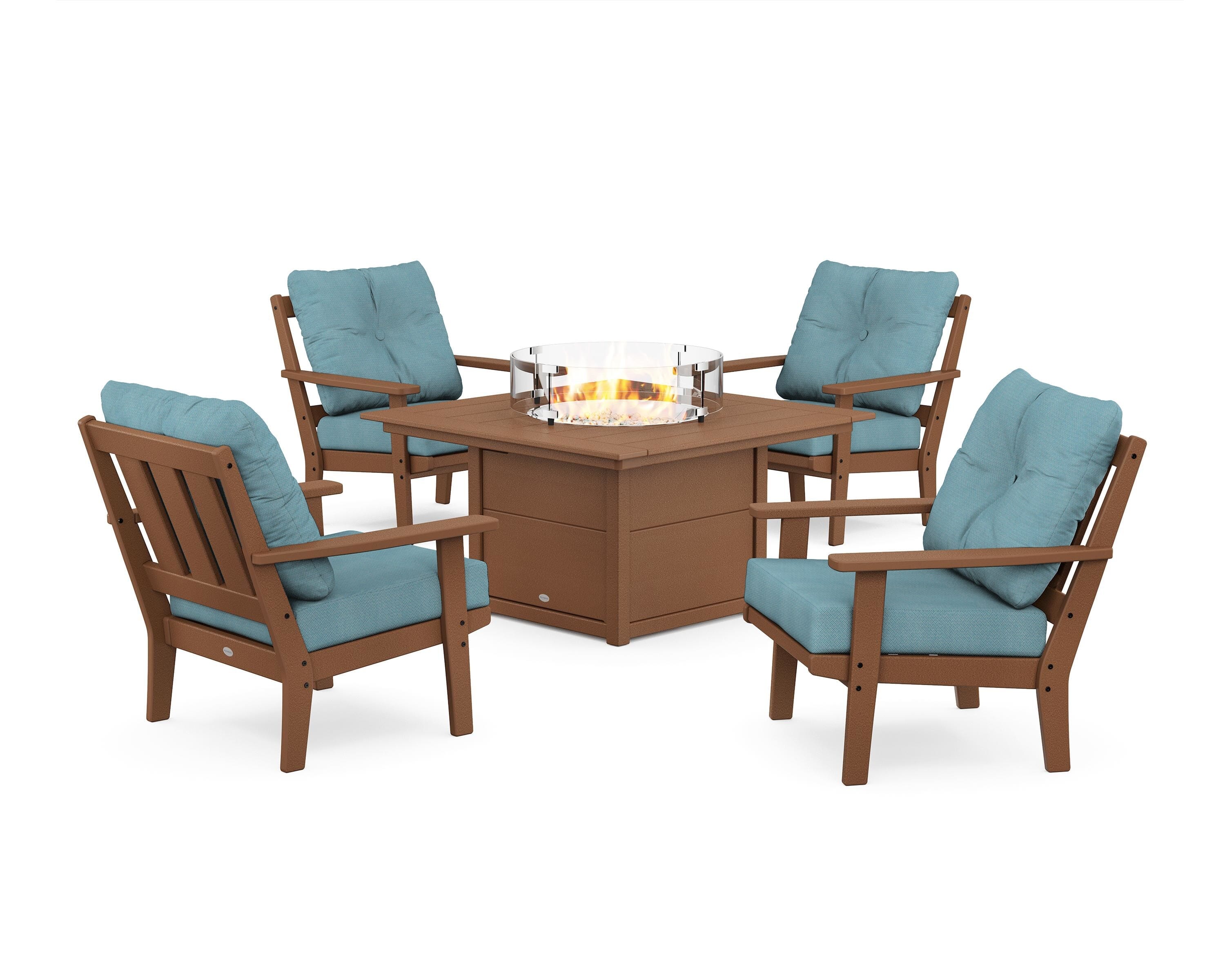 POLYWOOD® Oxford 5-Piece Deep Seating Set with Fire Pit Table in Teak / Lattice Sky Blue