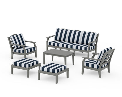 Draper James™ by  POLYWOOD® Savannah 6-Piece Lounge Sofa Set in Slate Grey / Cabana Stripe Marine Indigo