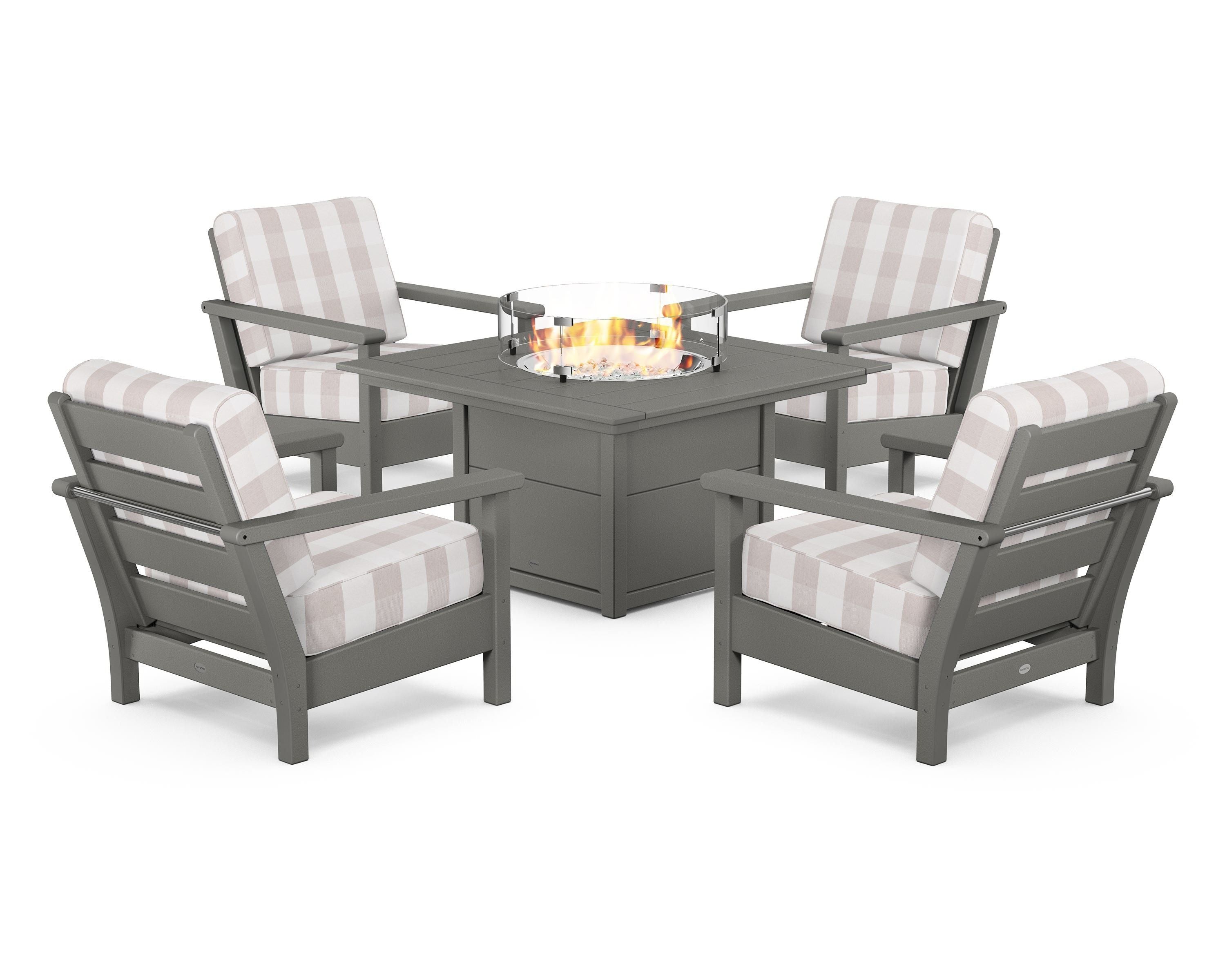 POLYWOOD® Harbour 5-Piece Conversation Set with Fire Pit Table in Slate Grey / Buffalo Plaid Dune Burlap