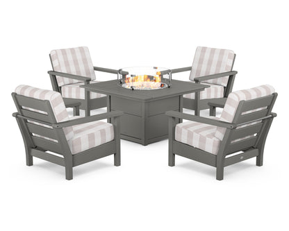 POLYWOOD® Harbour 5-Piece Conversation Set with Fire Pit Table in Slate Grey / Buffalo Plaid Dune Burlap
