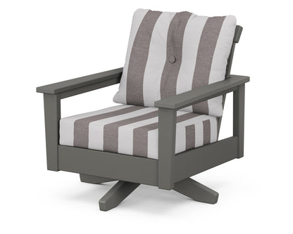 POLYWOOD® Prescott Deep Seating Swivel Chair in Slate Grey / Cabana Stripe Grey Mist