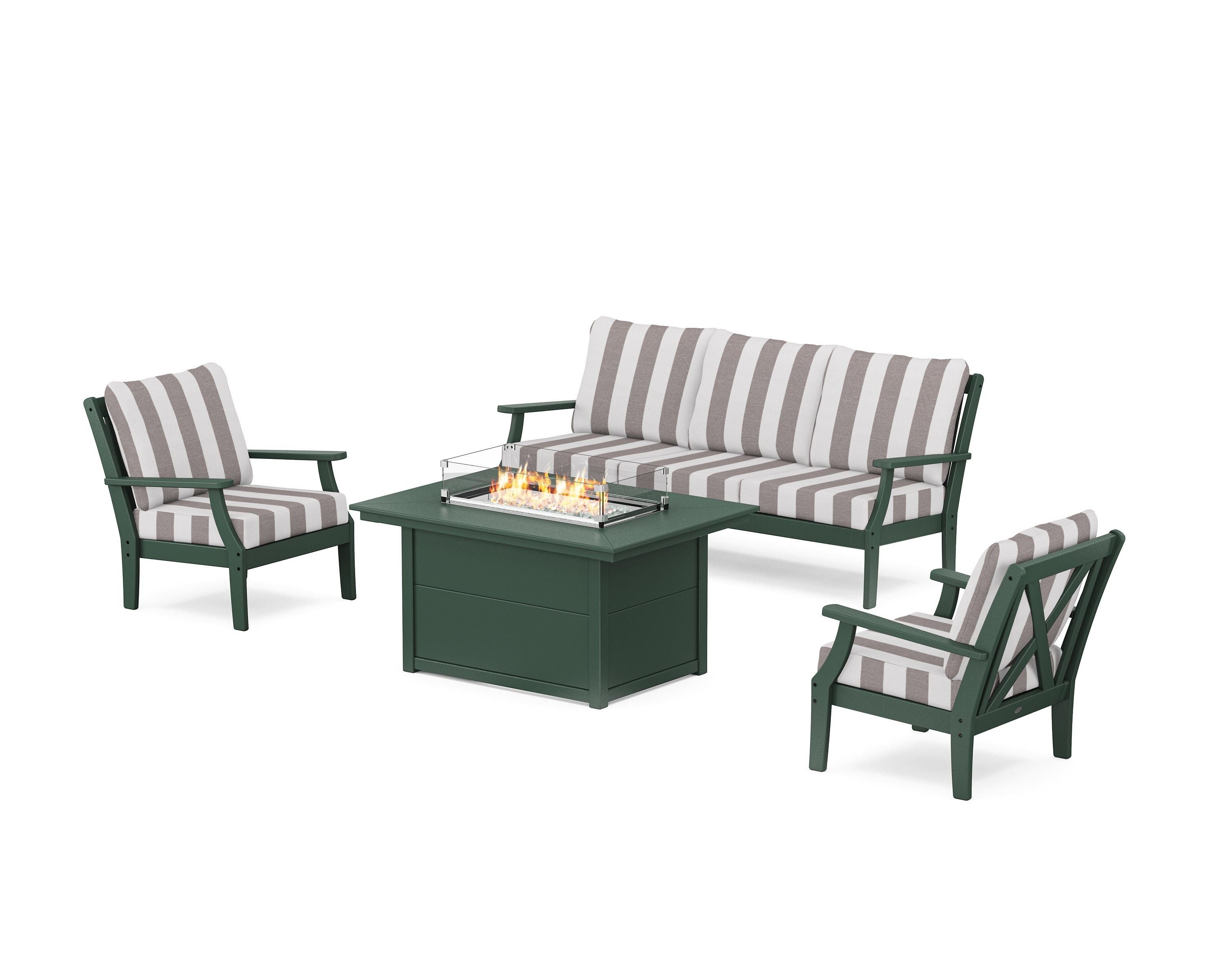 POLYWOOD® Braxton Deep Seating Fire Pit Table Set in Green / Cabana Stripe Grey Mist