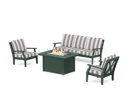 POLYWOOD® Braxton Deep Seating Fire Pit Table Set in Green / Cabana Stripe Grey Mist