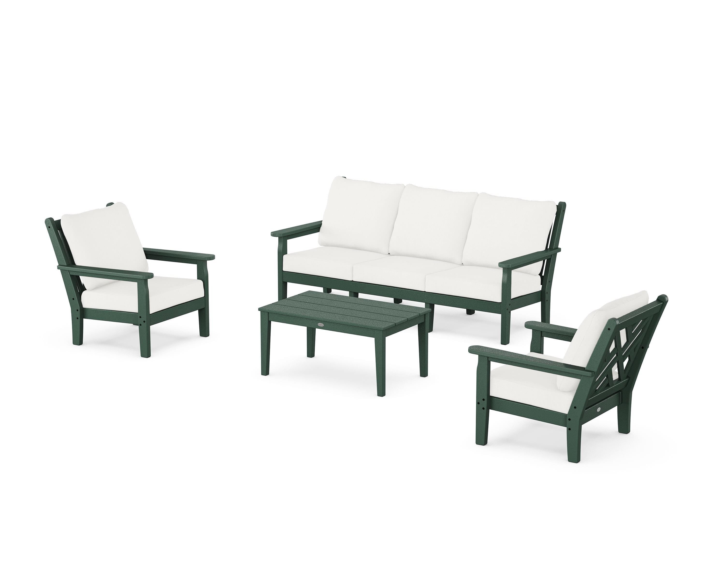 POLYWOOD® Chippendale 4-Piece Deep Seating Set with Sofa in Green / Natural Linen