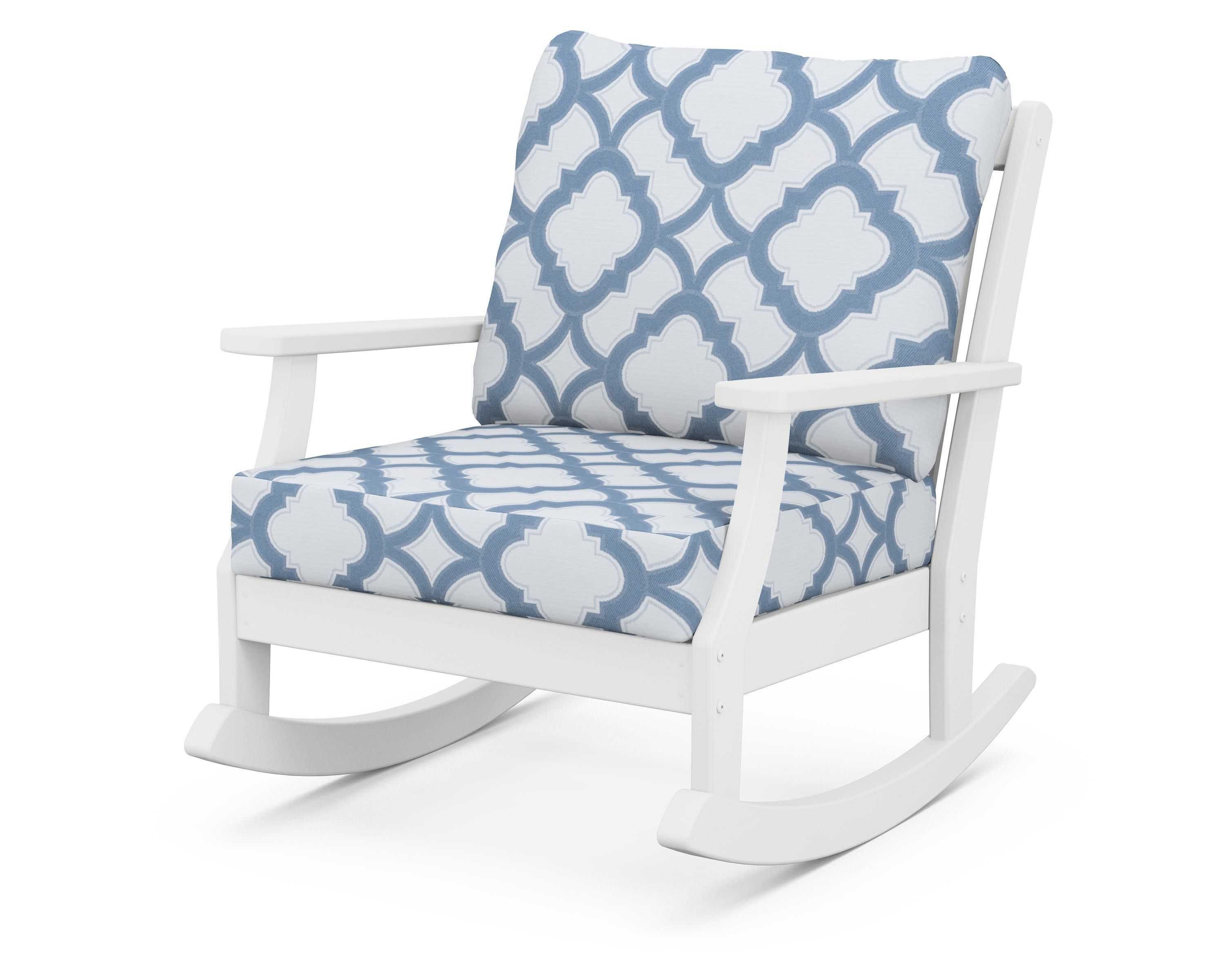 POLYWOOD® Braxton Deep Seating Rocking Chair in White / Trellis Sky Blue
