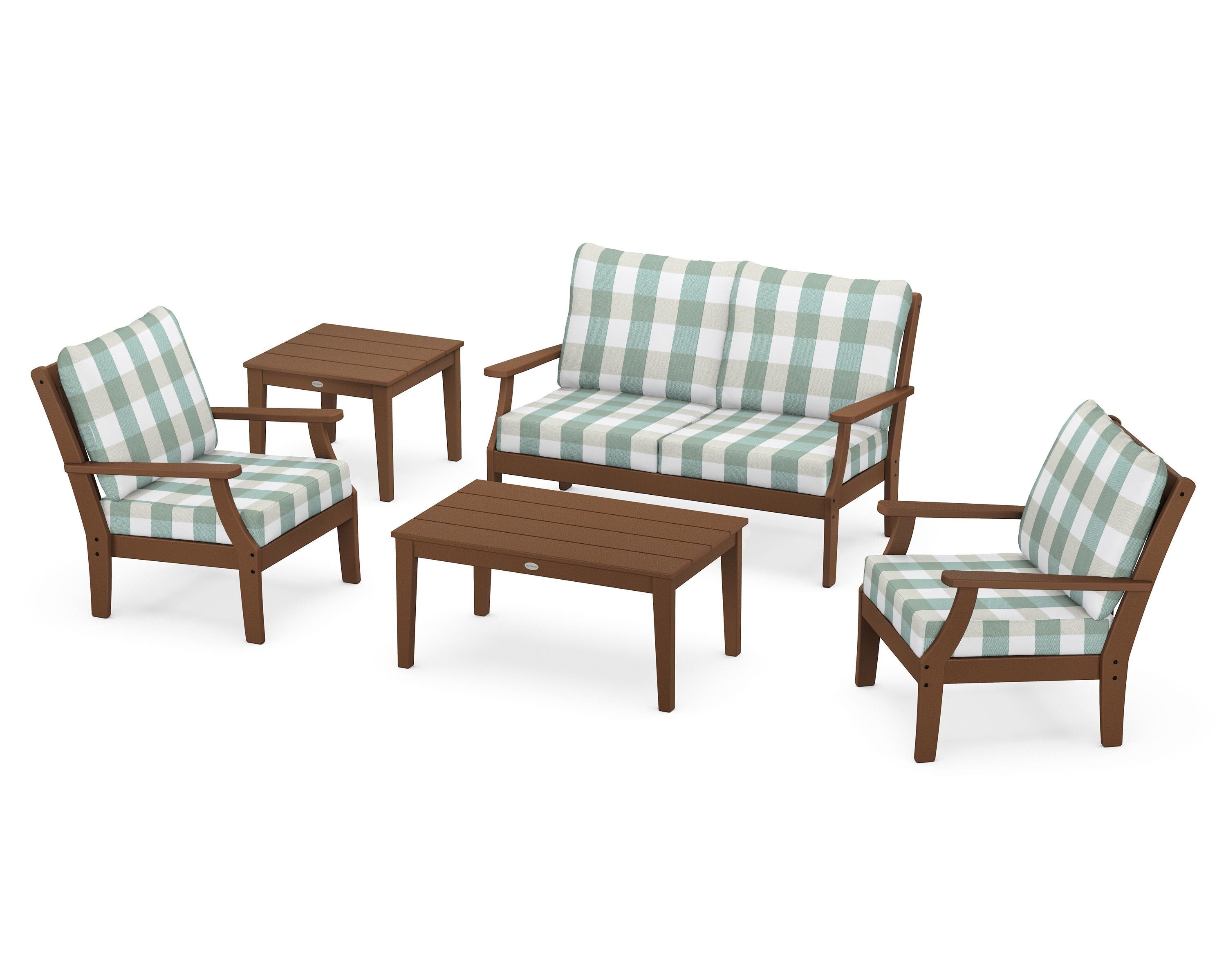 POLYWOOD® Braxton 5-Piece Deep Seating Set in Teak / Buffalo Plaid Glacier Spa