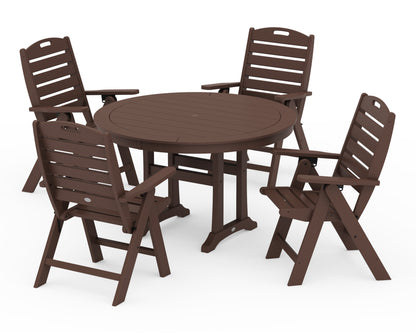 POLYWOOD® Nautical Highback Chair 5-Piece Round Dining Set with Trestle Legs in Mahogany