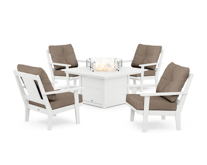 POLYWOOD® Prairie 5-Piece Deep Seating Set with Fire Pit Table in White / Spiced Burlap