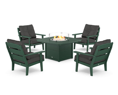 POLYWOOD® Lakeside 5-Piece Deep Seating Set with Nautical Fire Pit Table in Green / Spectrum Carbon