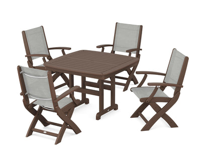 POLYWOOD® Coastal Folding Chair 5-Piece Dining Set in Mahogany / Metallic Sling