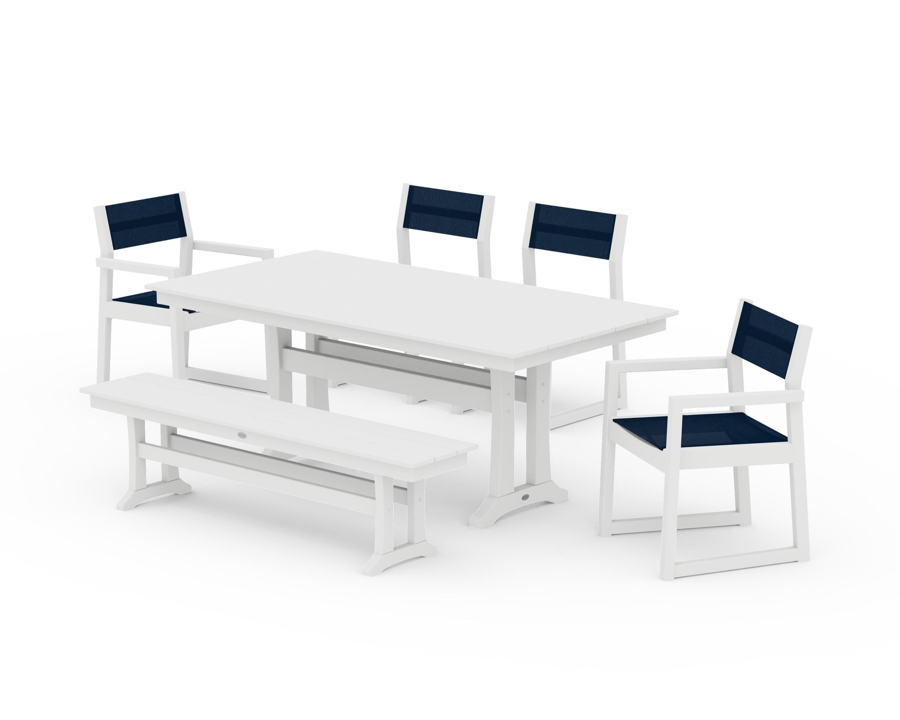 POLYWOOD® EDGE Sling 6-Piece Farmhouse Dining Set With Trestle Legs in White / Navy Blue Sling