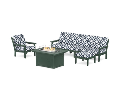 POLYWOOD® Vineyard Sectional Lounge and Fire Pit Set in Green / Trellis Marine Indigo