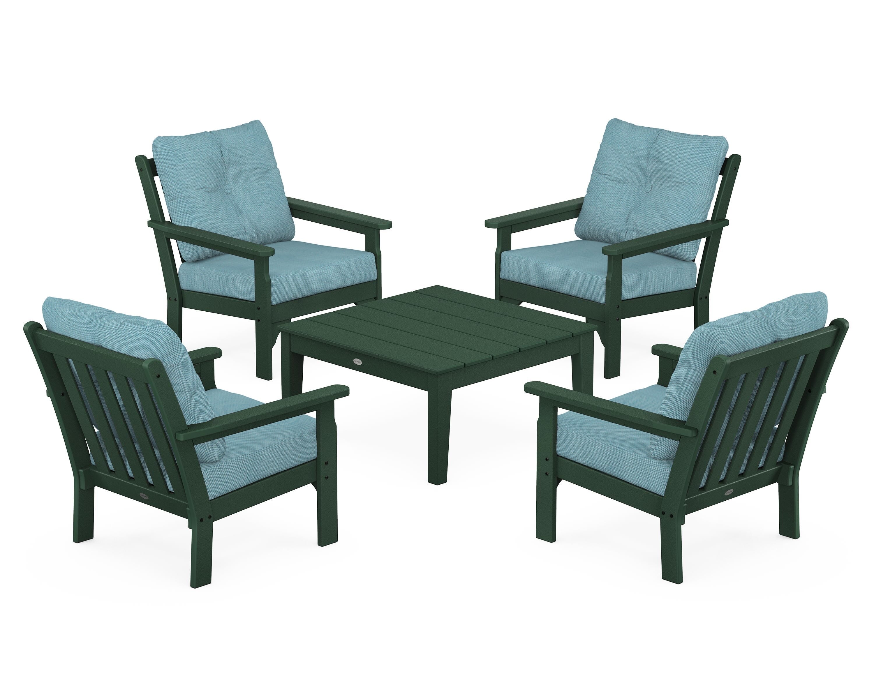 POLYWOOD® Vineyard 5-Piece Deep Seating Conversation Set in Green / Lattice Sky Blue