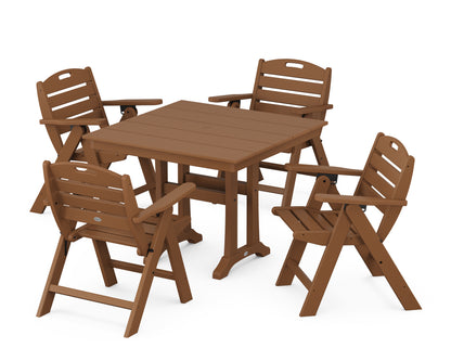 POLYWOOD® Nautical Folding Lowback Chair 5-Piece Farmhouse Dining Set With Trestle Legs in Teak