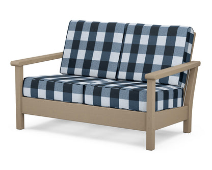POLYWOOD® Harbour Deep Seating Loveseat in Vintage Sahara / Buffalo Plaid Marine Indigo