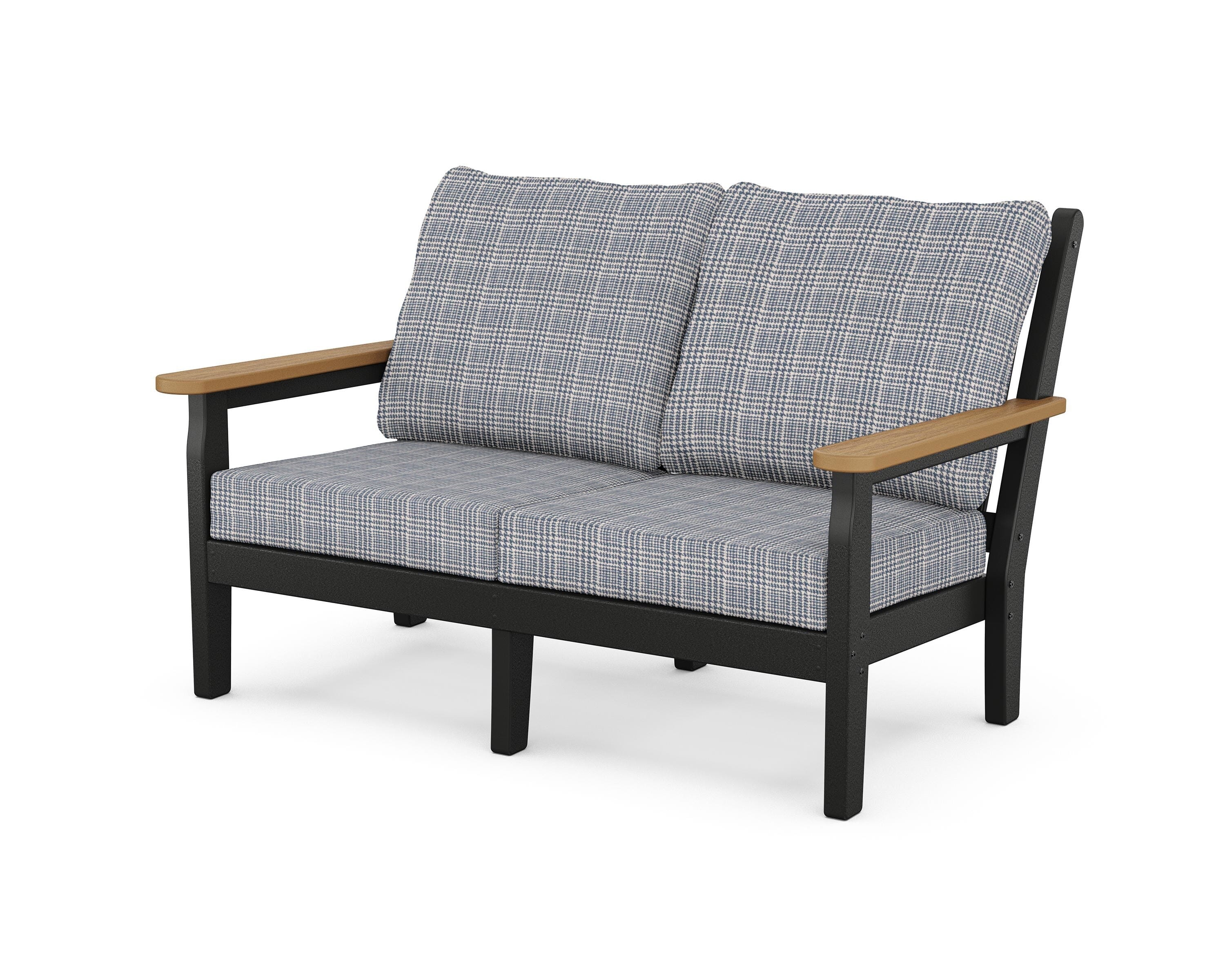 POLYWOOD® Chippendale Deep Seating Loveseat in Black / Natural / Houndstooth Sky Blue
