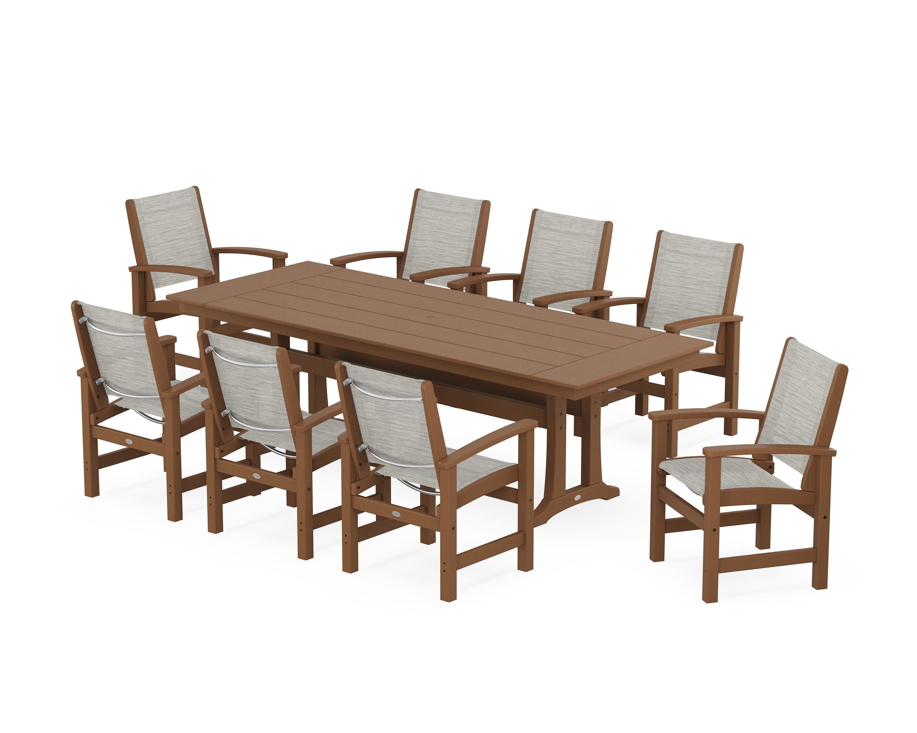 POLYWOOD® Coastal 9-Piece Farmhouse Dining Set with Trestle Legs in Teak / Birch Sling