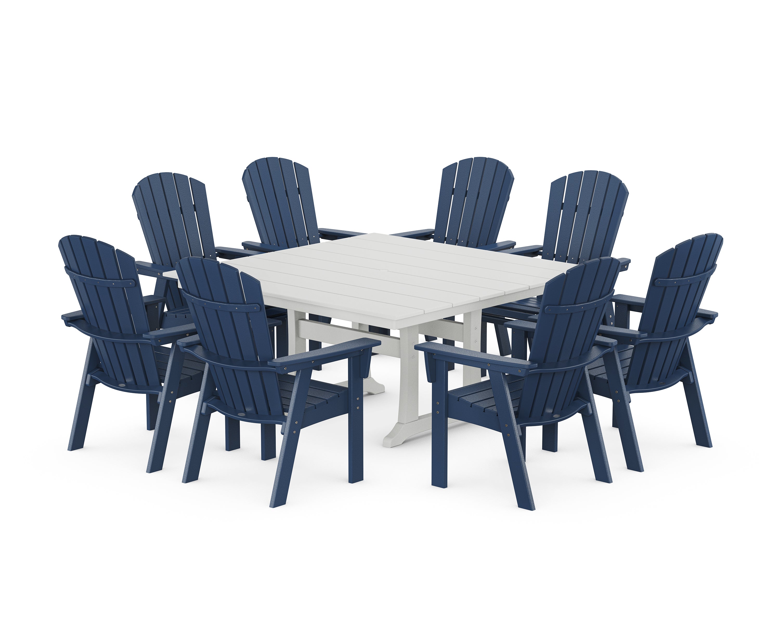 POLYWOOD® Nautical Curveback Adirondack 9-Piece Square Dining Set with Trestle Legs in Navy / White