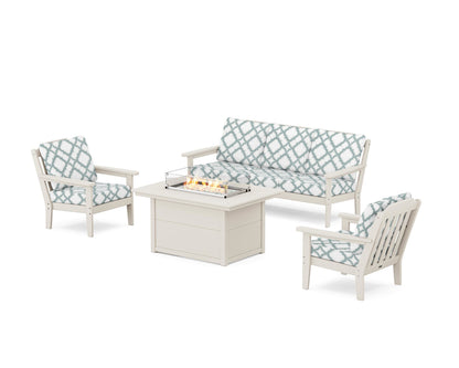 Country Living Cottage Deep Seating Fire Pit Table Set in Sand / Trellis Glacier Spa