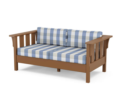 Martha Stewart by POLYWOOD® Acadia Deep Seating Loveseat in Teak / Buffalo Plaid Sky Blue