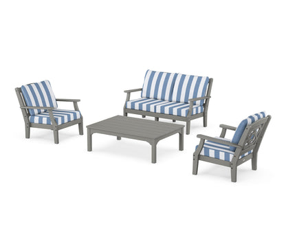 Martha Stewart by POLYWOOD® Chinoiserie 4-Piece Deep Seating Set with Loveseat in Slate Grey / Cabana Stripe Sky Blue