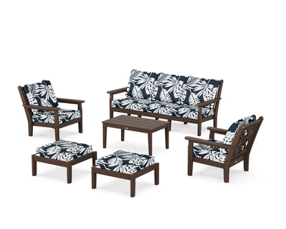 POLYWOOD® Chippendale 6-Piece Lounge Sofa Set in Mahogany / Leaf Marine Indigo