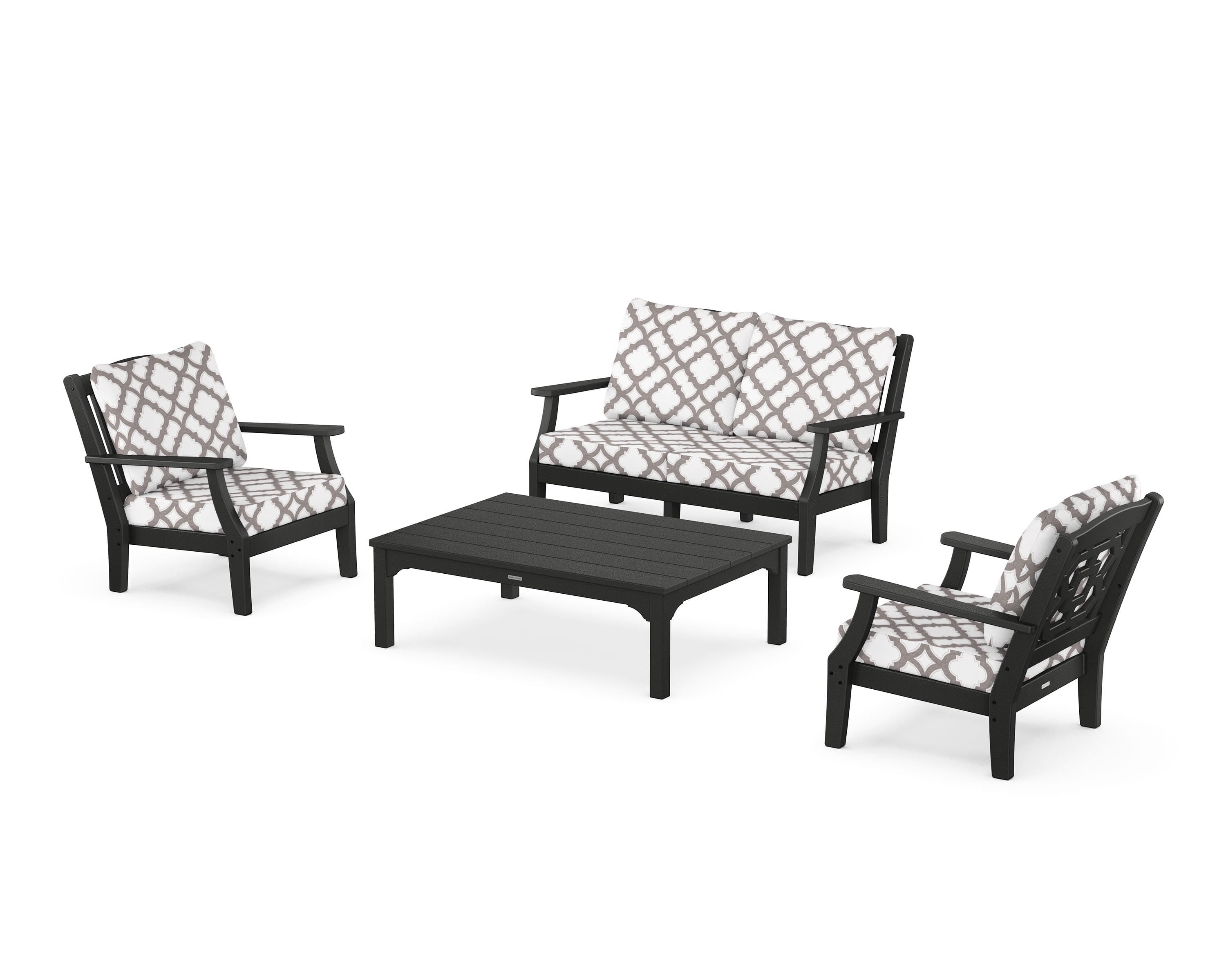Martha Stewart by POLYWOOD® Chinoiserie 4-Piece Deep Seating Set with Loveseat in Black / Trellis Grey Mist