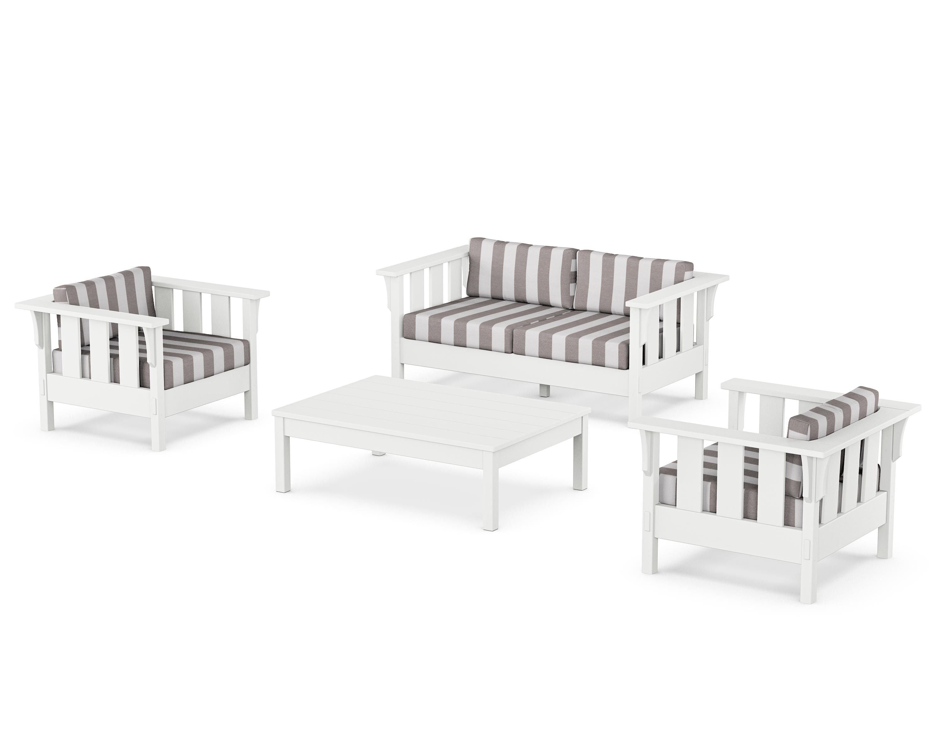 Martha Stewart by POLYWOOD® Acadia 4-Piece Deep Seating Set with Loveseat in White / Cabana Stripe Grey Mist