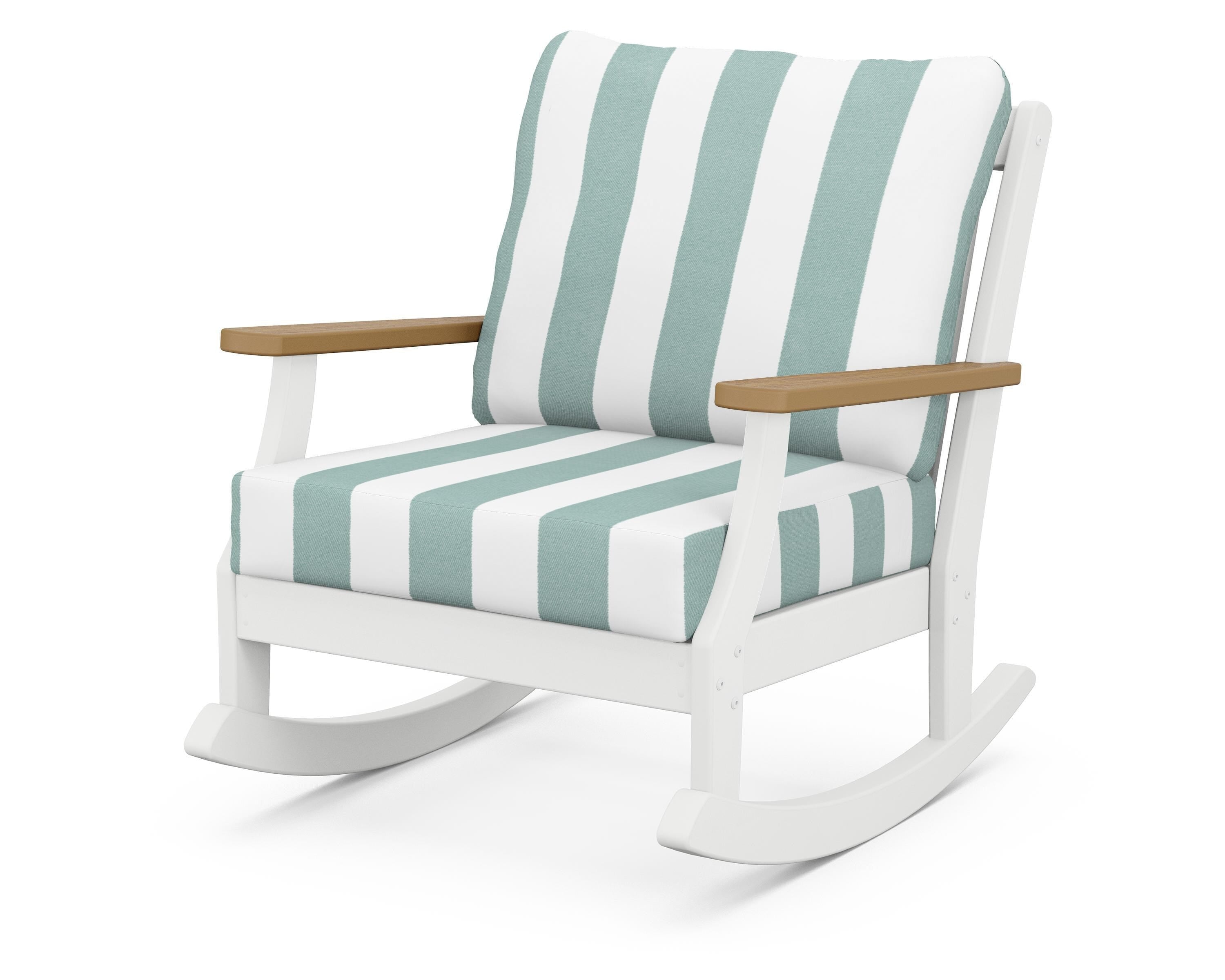 POLYWOOD® Braxton Deep Seating Rocking Chair in White / Natural / Cabana Stripe Glacier Spa